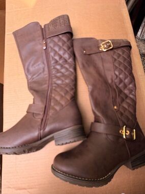 Global Win Quilted Brown Mid-Calf Riding Boots with Gold Buckles